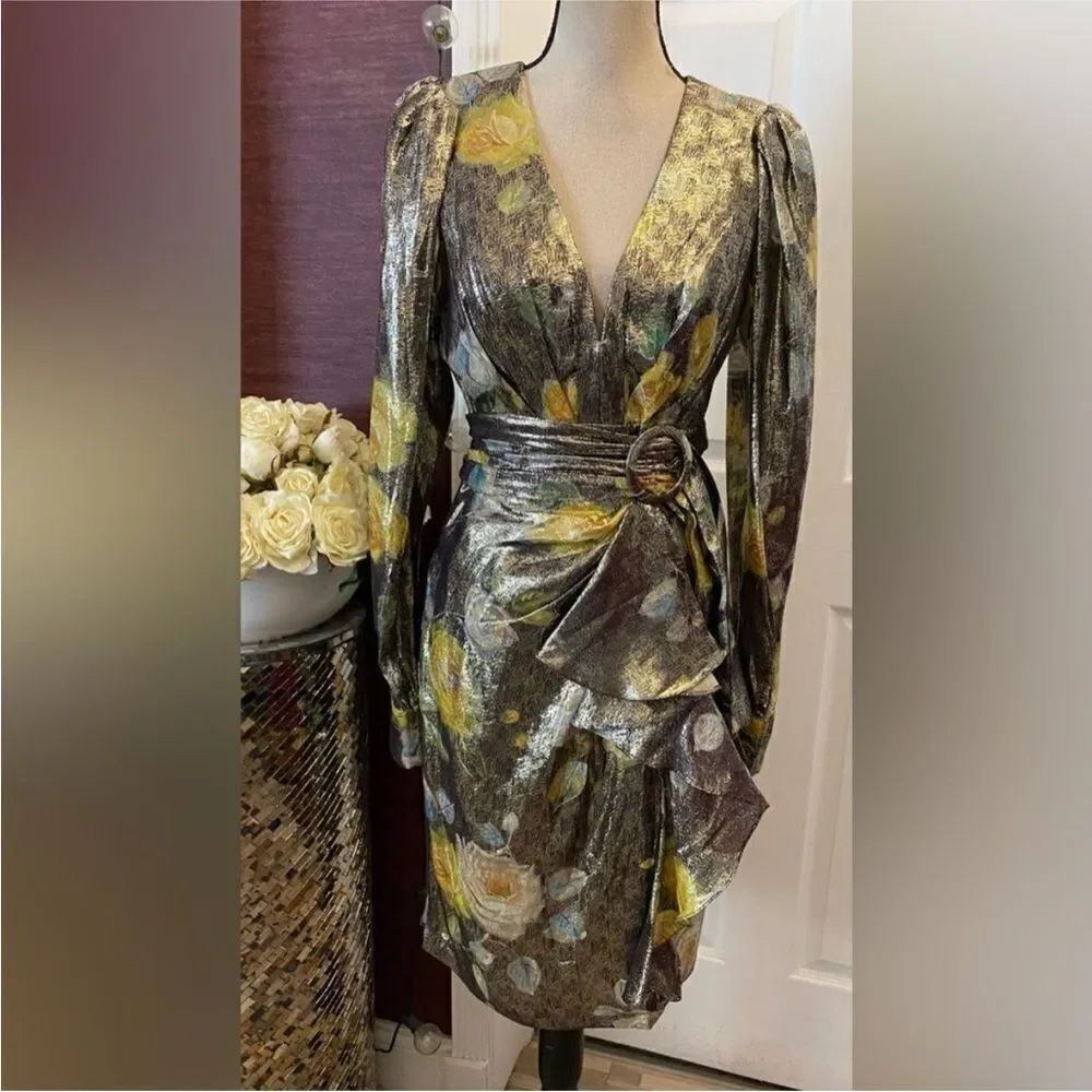 Flor.et.al Elegant Floral Metallic silk Dress, US6